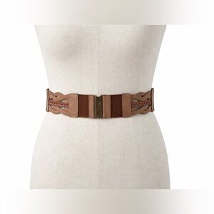 Boho Braided Elastic Waist Belt | Brown | 27” | Stretch | Bronze Clasp